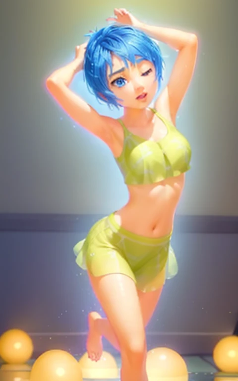 Masterpiece, Best Quality, (joying_Inside out, yellow skin, ),  Happy, wet transparent mini green dress,  Pixar, cartoony, 3D Rendering, small breasts, sexy expression, bare footed, ((Beautiful, Detailed Eyes, Jewel-like Eyes, Glowing Eyes: 1.3)), Highlight Eye, Catchy Light Eye, Specular Highlight Eye, ((cowgirl, on the bed, (((undressed underwear)), flushed cheeks, ((((spread legs))))), closed eyes, open mouth, (wet skin: 1.3), ((((Front view)))), Luxury hotel bedroom, night,  Sunlight, (parted lips:1.4), (nose blush:1.2), foreshortening, blackcutoffs, (eye contact), high contrast, ultra high res, high resolution, detailed, breasts visible, Showing breasts, (cinematic lighting), ((high-angle view)), (half body shadow), [backlighting], [crepuscular ray], [detailed ambient light], [gray natural lighting], [ambient light on the belly], (higher wildlife feral detail), [explict content], [sharp focus], (questionable content), (shaded), Commission for High Res, detailed image, bright colors, detailed face, perfect lighting, perfect shadows, perfect eyes, girl focus, flawless face, gorgeous body, shiny body, center focus, gaze at the viewer, 1girl, solo, (masterpiece:1.21), (best quality:1.2), (illustration:1.2), (cinematic lighting:1.3), balanced coloring, global illumination, ray tracing, good lighting, cleavage, attractive body, sexy body, looking at viewer, SFW