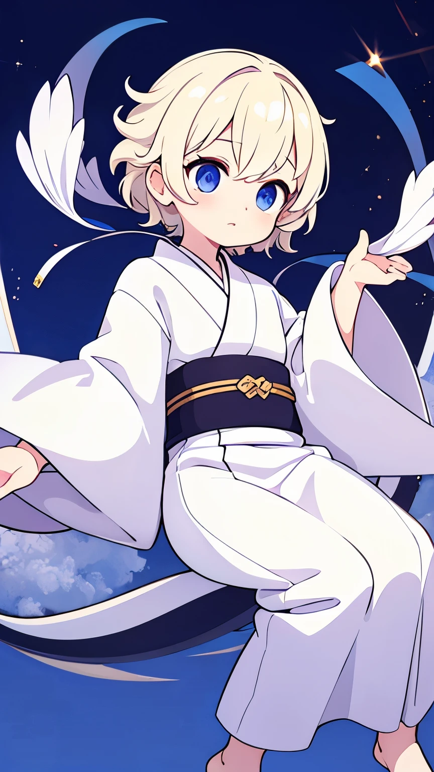 Age unknown,Unknown gender,Platinum blonde curly short hair,Odd Eye,white kimono,God,Floating in the air