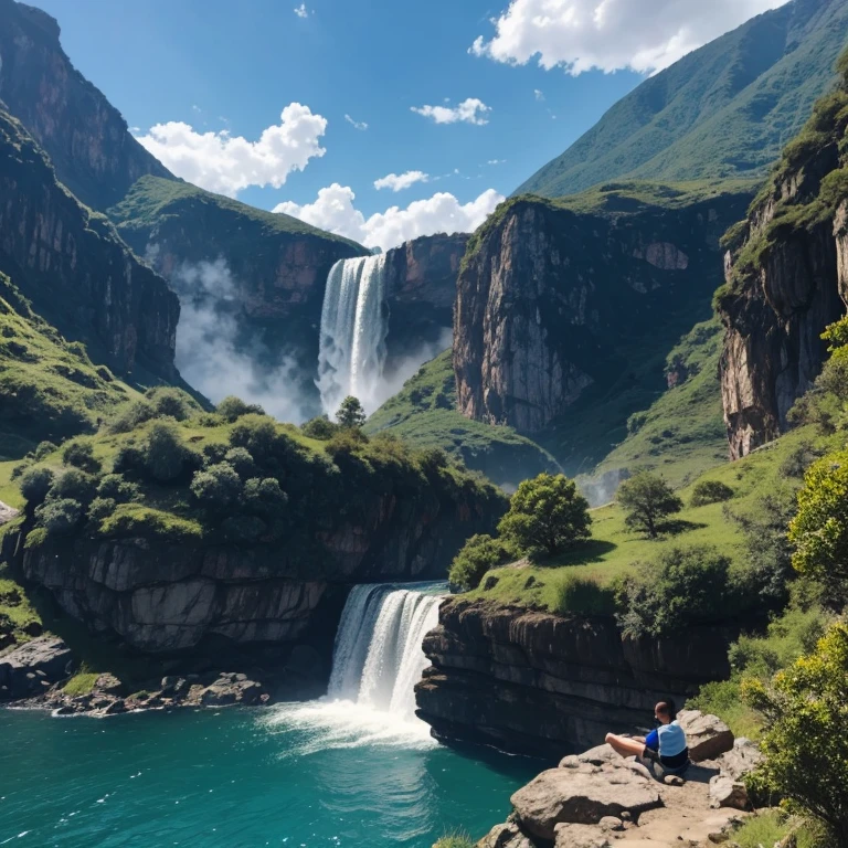 A boy sitting on the edge of a mountain bluish sky and waterfalls on the right closing his eyes and just staying blissed in a cinematic effect