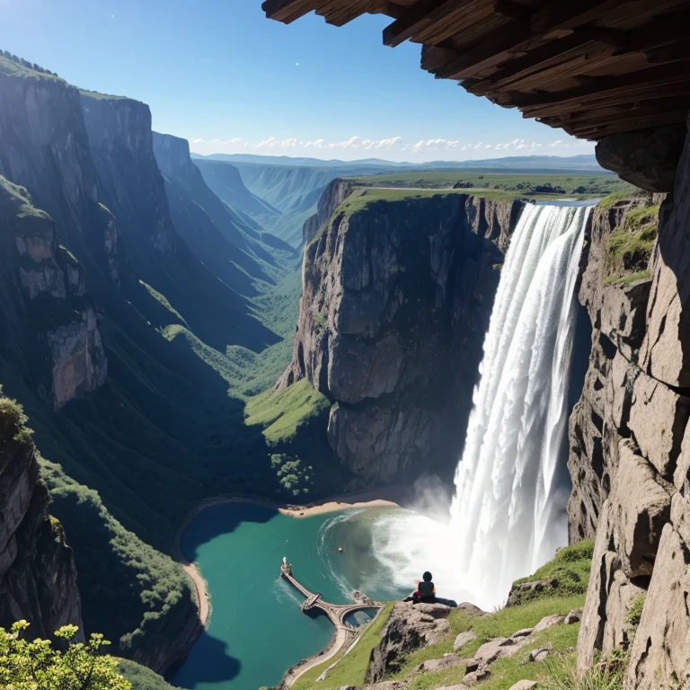 A boy sitting on the edge of a mountain bluish sky and waterfalls on the right closing his eyes and just staying blissed in a cinematic effect