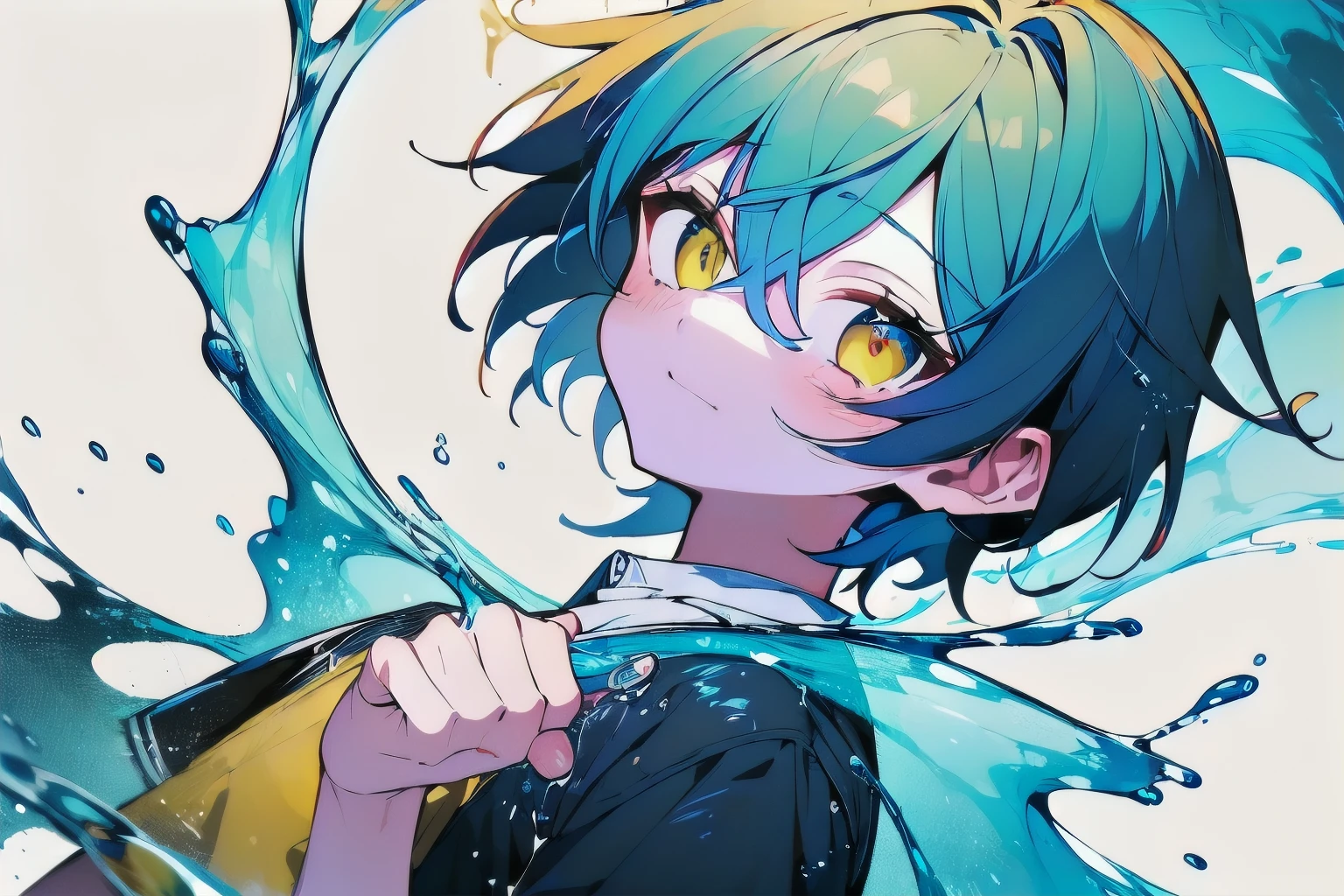 [(WHITE BACKGROUND:1.5),::5], ((((masterpiece)))), high quality, very_high_resolution, large_filesize, full color, ((younger boy)), 13 old year, short deepblue hair, vivid color, ((yellow eye)), civilian clothes white, animestyle, (Soda Splash effect:1.3)