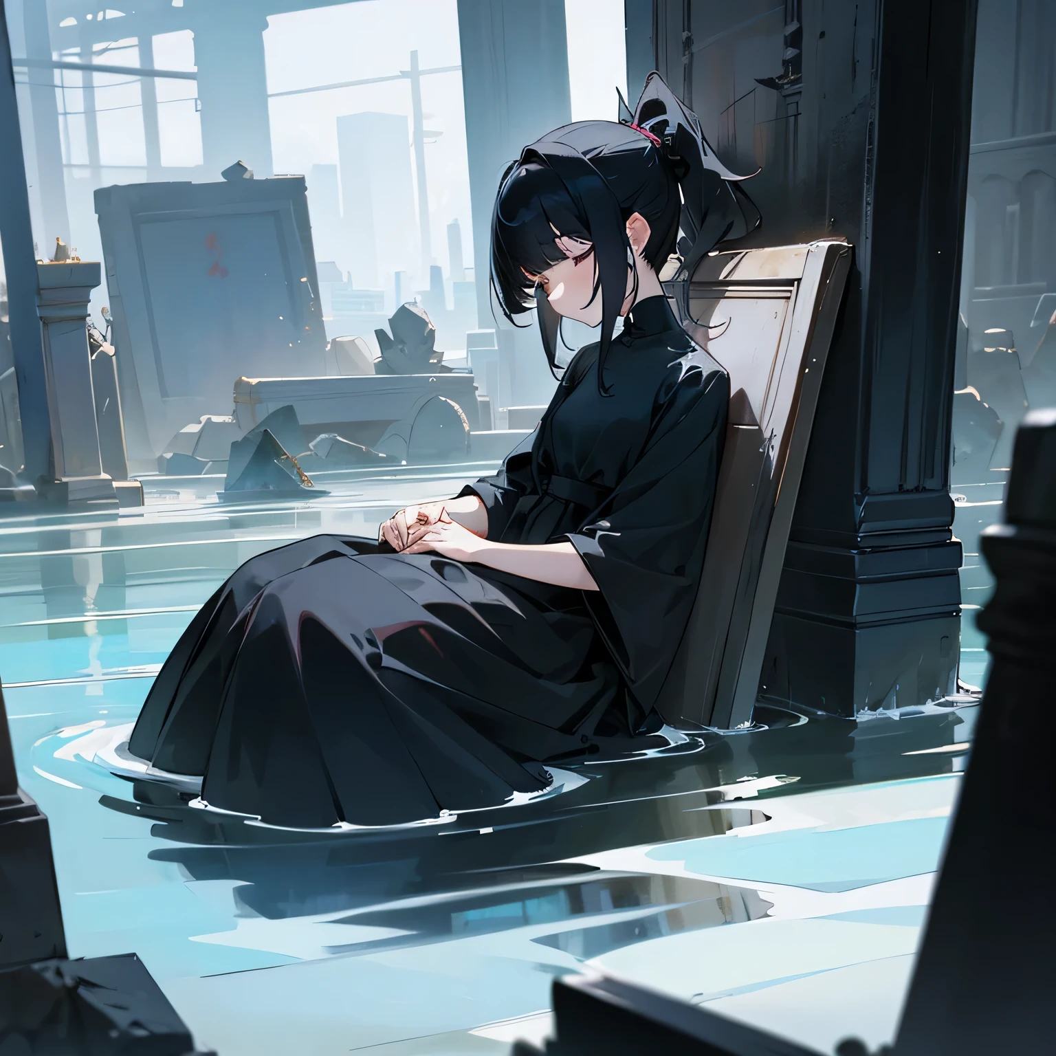 girl、sleep、Black Hair、ponytail、Black Dress、Sculpture、ruins、water