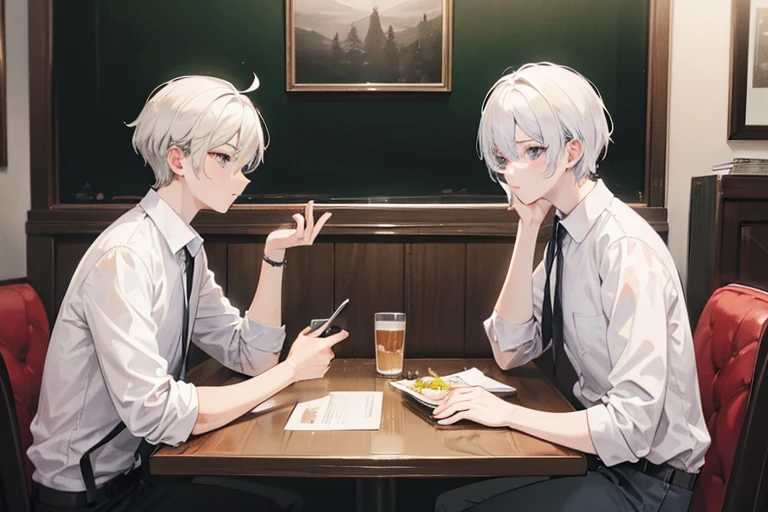 monochrome,masterpiece, illustration, best quality, best aathetic,male focus,Two men sitting at a table,facing each other,cafe,Low angle and full shot, overhead shot,from above,shirt,18 years old,white hair,short hair,