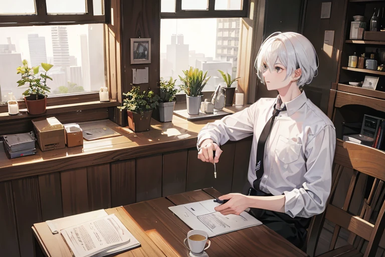 monochrome,masterpiece, illustration, best quality, best aathetic,male focus,Two men sitting at a table,facing each other,cafe,Low angle and full shot, overhead shot,from above,shirt,18 years old,white hair,short hair,