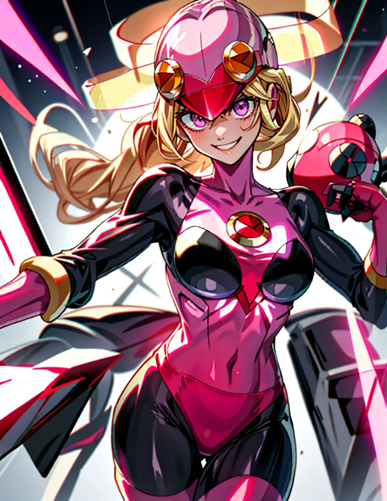 Tabletop,highest quality,One Girl,rolls_.EXE_megamanbn,(Helmet),Blonde,Long Hair,leotard,Pink Eyes,紫のBodysuits,Bodysuits,Lightless Eyes,Moderate breast fullness,Faint laughter,nails with sharp fingertips,Tied to a machine,glowing circuit background,Black lightning