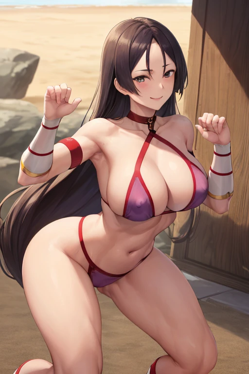 masterpiece, best quality, beautiful art, high resolution, well formed hands, body and fingers, 1 woman, solo, Minamoto no Raikou, adult, big breasted, cleavage, full body, long hair, hair ornament, gorgeous legs and thighs, smile, wearing a sexy dancer outfit, sexy and skimpy bikini, she is fighting in a combat match at a martial arts tournament, she is getting ready to fight, making her guard pose, action and fighting scene, about to hit the viewer, looking at the viewer, sweating , feeling confident and proud, smiling joyfully and happily, charming her opponent with her beauty, fighting scene, martial arts tournament on the beach