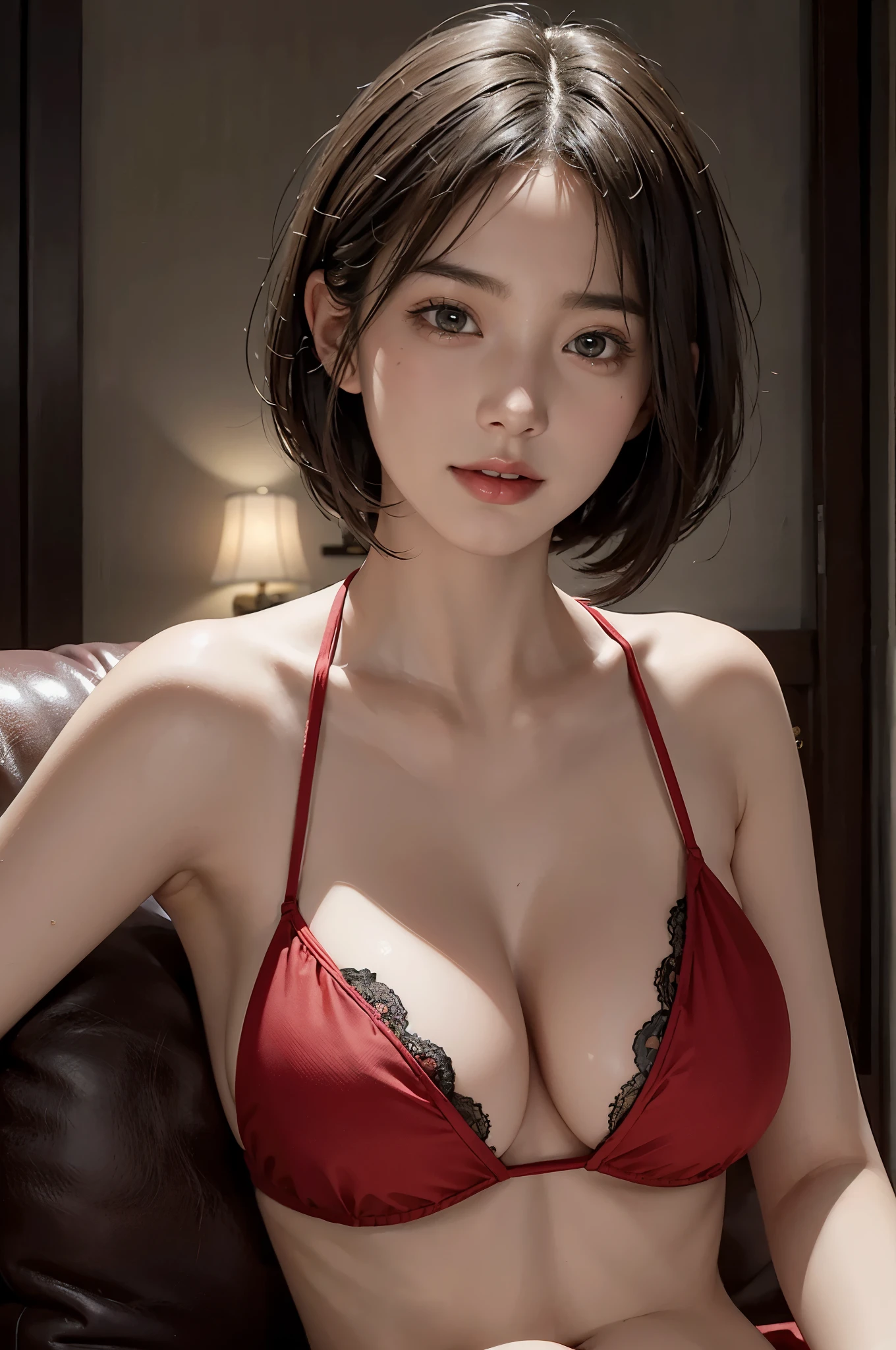 (A hyper-realistic), (illustratio), (hight resolution), (8K), (ighly detailed), (The best illustrations), (beatiful detailed eyes), (top-quality), (ultra-detailliert), (masterpiece), (detailed face), droopy eyes,full of sweat, full body, whole body, short hair,inner colored,solo, Girl in simple red bikini, smile, huge tits, big breast, abs, sofa