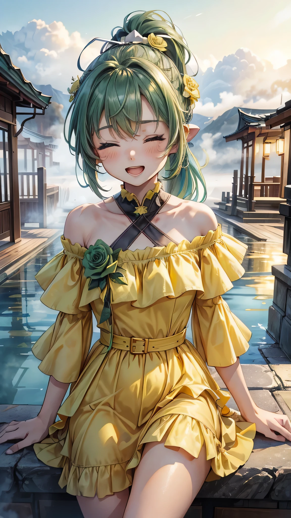 perfect anatomy, masterpiece:1.4, best highres, 16k, (the background is Hot Spring Town), ((background many hot spring with fog)) break,  
(wide-angle, frontale:1.2) (solo:1.3 ponytail green hair long hair cute girl), ((15 yo)), (cute closed eyes), ((beautiful make up)), (sexy smile, open mouth), break, (in a Layered yellow Off-the-shoulder dress with detailed green rose).