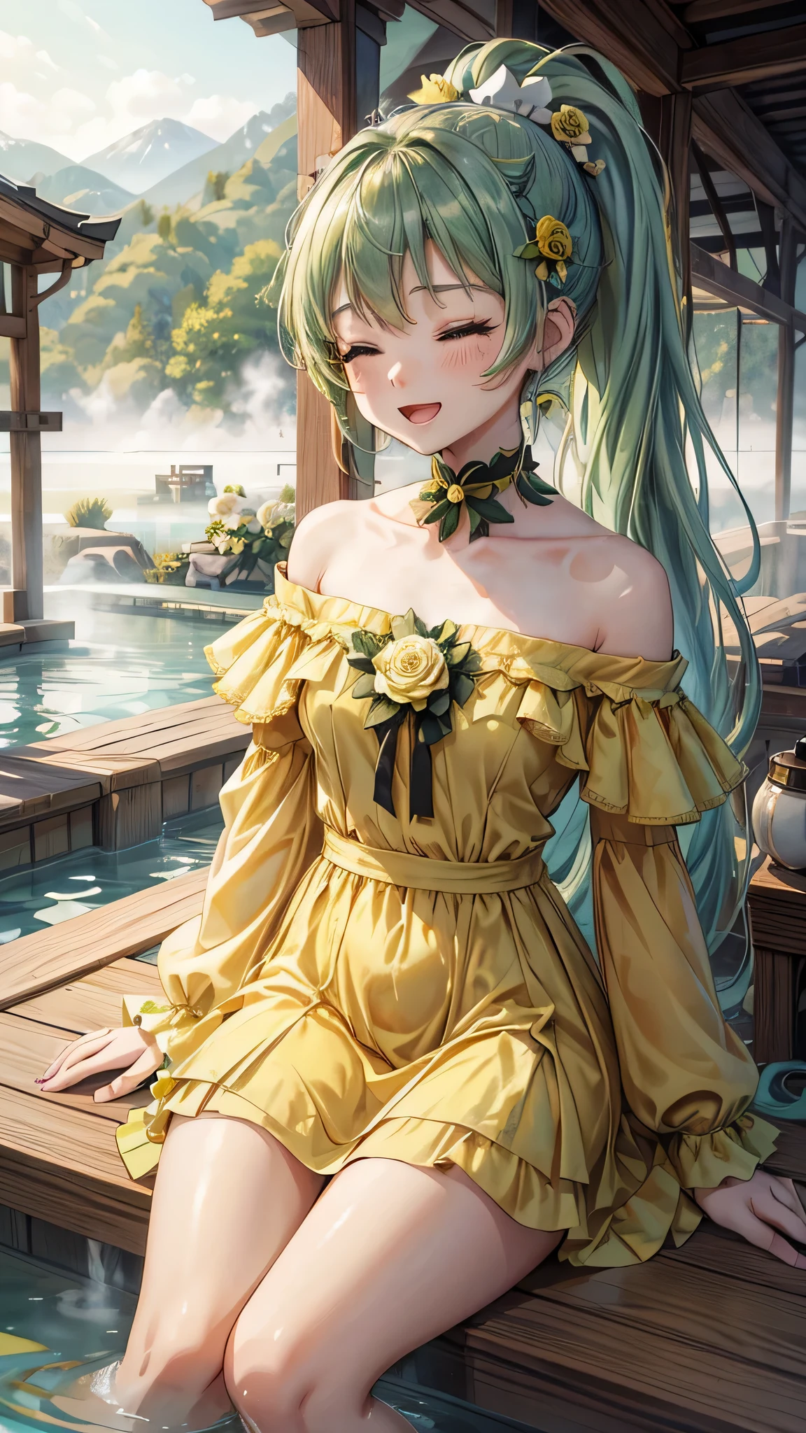 perfect anatomy, masterpiece:1.4, best highres, 16k, (the background is Hot Spring Town), ((background many hot spring with fog)) break,  
(wide-angle, frontale:1.2) (solo:1.3 ponytail green hair long hair cute girl), ((15 yo)), (cute closed eyes), ((beautiful make up)), (sexy smile, open mouth), break, (in a Layered yellow Off-the-shoulder dress with detailed green rose).