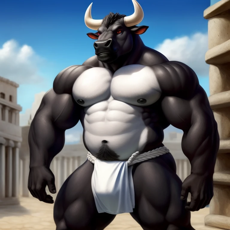 Furry Negro, Antro, Black Dark BullL , (Delgado sin musculos) Bull, Tight Fundoshi, hooves, (Furry Black Dark), Solo, (Cuerpo Completo), Toro, Tail Bull, (Tail bovine), Tight (fundoshi white), bulto macho, Big Balls , (Fondo ciudad Romana, Ropa Romana) , (Fundoshi Ajustado Blanco), Detallado, Gran Calidad, Realista, Furr Black, (Red Eyes), Realista, White Horns, Torso Nergro, (Cuerpo perfecto proporcional) Pose de Pie Erguido, Cuerpo Completo, Cielo Azul,