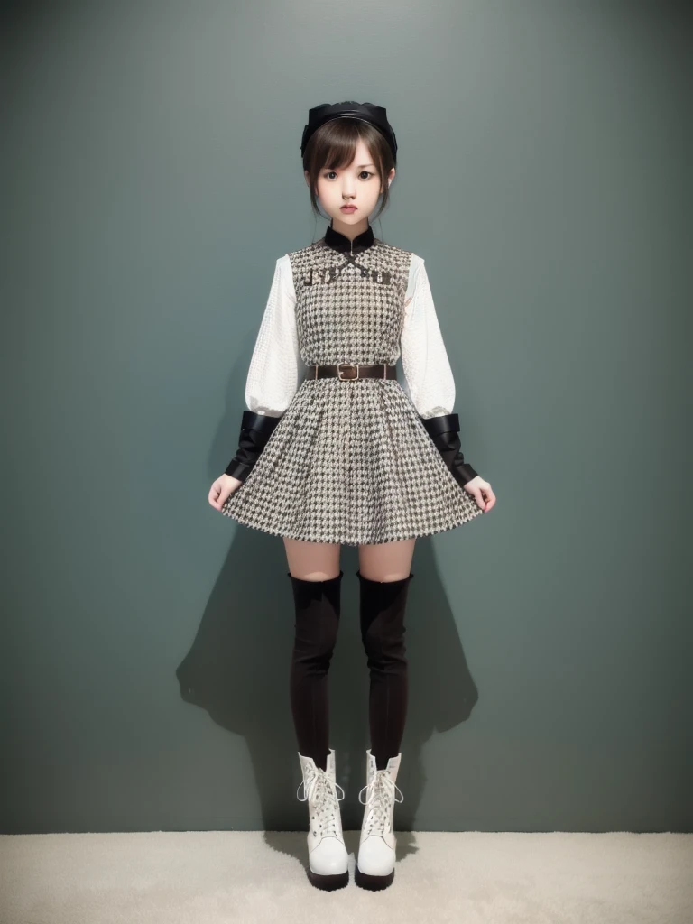 1girl、Standing in front of the viewer、Masterpiece、Official Art、high waist、Brown and dark brown houndstooth A-line dress、Dark piping、Super detailed、super beautiful、white straight short hair、Knee-high boots、