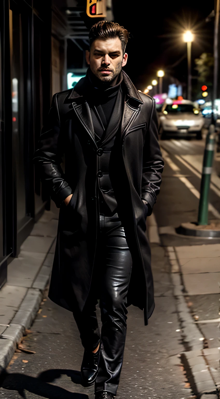 man wearing a black coat , walking in dashing style