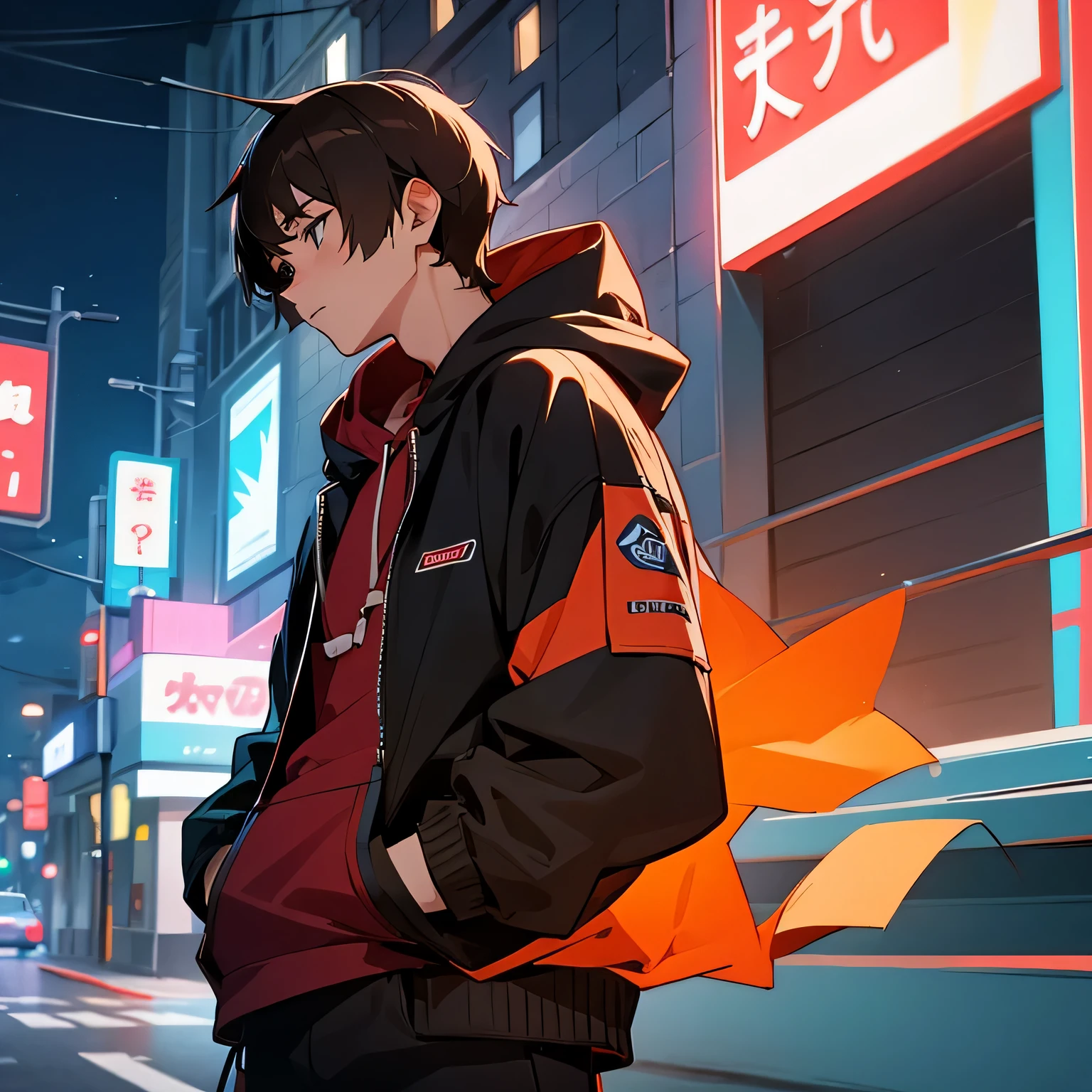 boy、brown hair、hoodie、City of night、Neon Signs