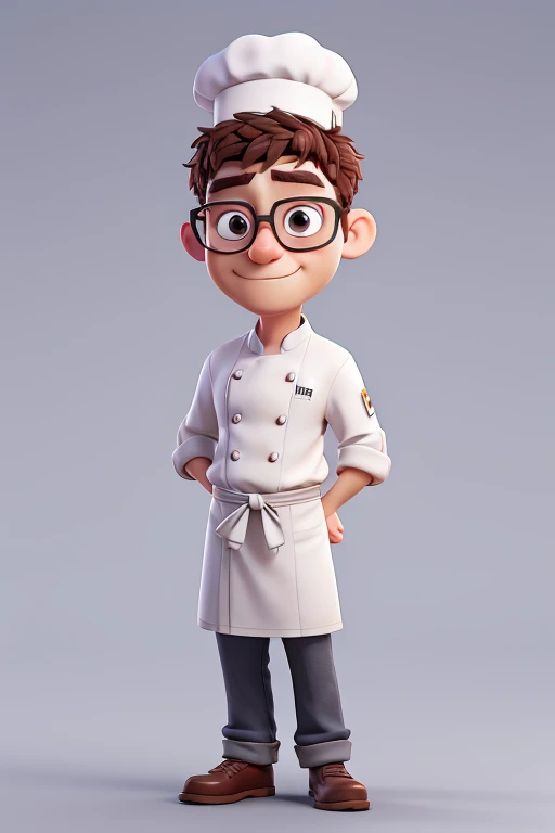 wearing a white chef costume、 wearing a white chef's hat、 30 years old、male、Baker、Wearing glasses、sense of cleanliness、kind、Anime characters、comics、3D、3D illustration style、3D Rendering、3 heads、Plain background、