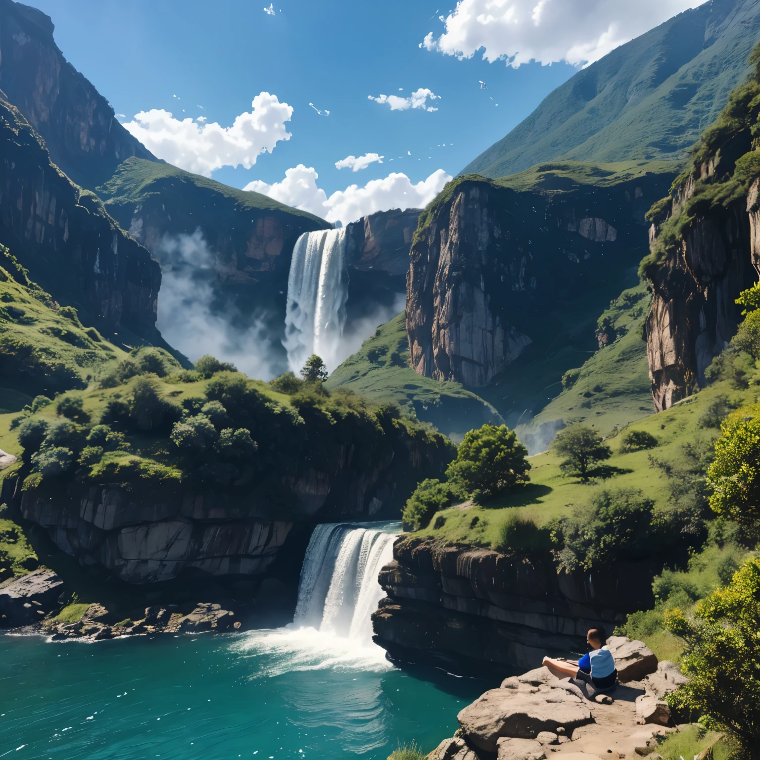 A boy sitting on the edge of a mountain bluish sky and waterfalls on the right closing his eyes and just staying blissed in a cinematic effect