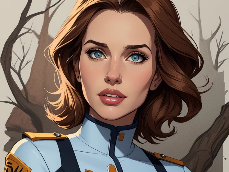 Personagem mulher Geena Davis PinUp dos anos 30 com marcas de guerras Imagem de desenho animado de uma mulher .Ilustra??o estilo desenho animado, estilo de arte dos desenhos animados, estilo de arte dos desenhos animados, digital illustration style, design de personagens altamente detalhado, arte digital detalhada coragem, Forest fan art, Design de personagens de retrato, beautiful digital illustration, retrato de alta qualidade, Arte em quadrinhos, mulher jovem cabelo com transas lindas . Beautiful lined eyes Medium large bust and wonderful sexy clothes. image expression of sexual desire from the waist to the uniform illustration Geena Davis Fallout 23