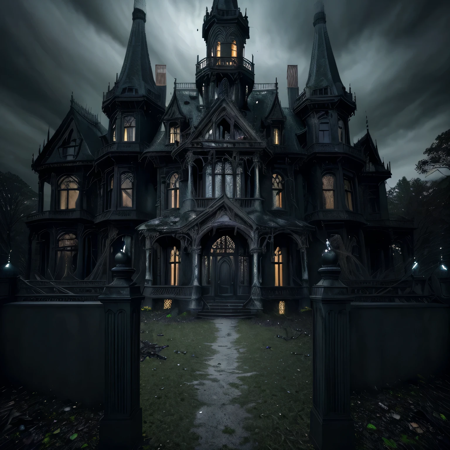 (best quality,highres,masterpiece:1.2),extremely detailed,ultra-detailed,realistic,horrifying,terrifying mansion exterior view,haunted,large,scary,gloomy,haunting atmosphere,dark shadows,thunderstorm,foggy night,creepy trees,dilapidated walls,moss-covered,cracked windows,moonlit sky,ominous clouds,spooky atmosphere,abandoned,desolate,gothic architecture,haunted mansion,terrifying scene,eerie ambiance,ominous silence,hauntingly beautiful,spine-chilling,menacing presence,secretive,nightmarish,horror movie set,paranormal activity,unsettling,haunting,ethereal,otherworldly,ghostly figures,imposing structure,unknown secrets,whispering voices.