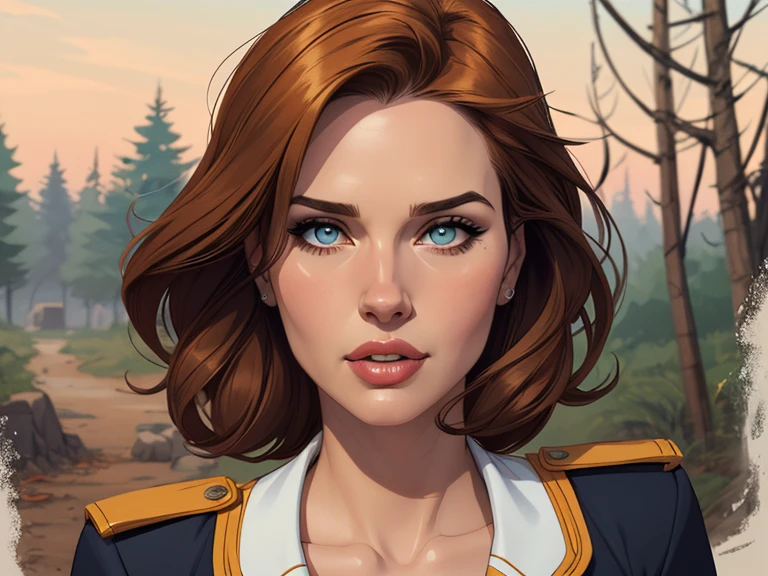 Personagem mulher Geena Davis PinUp dos anos 30 com marcas de guerras Imagem de desenho animado de uma mulher .Ilustra??o estilo desenho animado, estilo de arte dos desenhos animados, estilo de arte dos desenhos animados, digital illustration style, design de personagens altamente detalhado, arte digital detalhada coragem, Forest fan art, Design de personagens de retrato, beautiful digital illustration, retrato de alta qualidade, Arte em quadrinhos, mulher jovem cabelo com transas lindas . Beautiful lined eyes Medium large bust and wonderful sexy clothes. image expression of sexual desire from the waist to the uniform illustration Geena Davis Fallout 23