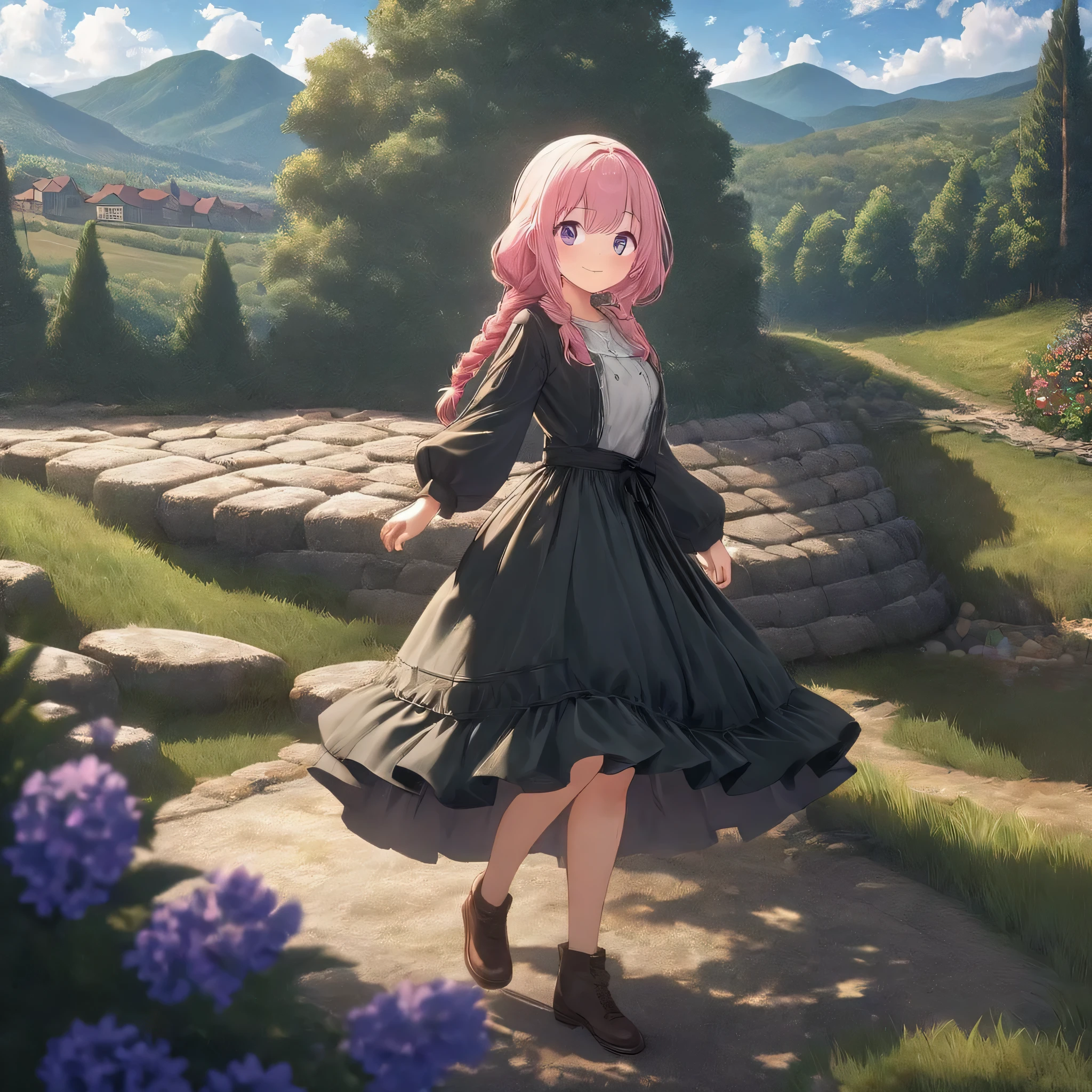 Create a detailed and high-resolution image of an elegant girl with silky pink and purple braided hair, wearing warm, cute, and beautiful casual outdoor clothing. She should have extremely detailed eyes and a sweet smile, walking in a beautiful village. The background should include a detailed mountain, a sunny sky with soft sunlight and shades, soft shadows, clouds, trees, bushes, beautiful grass, flowers, a river, and a small bridge across the village. The girl should be in a feminine pose, and the image should have a model shoot style, full shot, dynamic angle, and cinematic feel. Use an 85mm lens and HDR for the best quality. The girl should also appear as an innocent and kind human being, with a warm and compassionate expression, gentle smile, and caring eyes, completely disguising any hint of her demonic or gothic appearance. Include villagers who are looking at her with smiles and happiness. The final image should be a masterpiece of the highest quality, suitable for use as an anime art wallpaper in 8k resolution