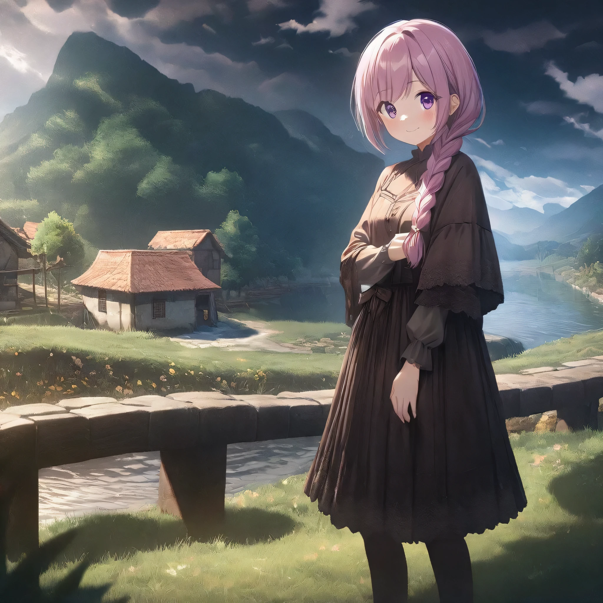 Create a detailed and high-resolution image of an elegant girl with silky pink and purple braided hair, wearing warm, cute, and beautiful casual outdoor clothing. She should have extremely detailed eyes and a sweet smile, walking in a beautiful village. The background should include a detailed mountain, a sunny sky with soft sunlight and shades, soft shadows, clouds, trees, bushes, beautiful grass, flowers, a river, and a small bridge across the village. The girl should be in a feminine pose, and the image should have a model shoot style, full shot, dynamic angle, and cinematic feel. Use an 85mm lens and HDR for the best quality. The girl should also appear as an innocent and kind human being, with a warm and compassionate expression, gentle smile, and caring eyes, completely disguising any hint of her demonic or gothic appearance. Include villagers who are looking at her with smiles and happiness. The final image should be a masterpiece of the highest quality, suitable for use as an anime art wallpaper in 8k resolution