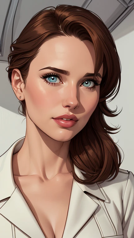 Personagem mulher Geena Davis  PinUp dos anos 30 com marcas de guerras Imagem de desenho animado de uma mulher .Ilustra??o estilo desenho animado, estilo de arte dos desenhos animados, estilo de arte dos desenhos animados, digital illustration style, design de personagens altamente detalhado, arte digital detalhada coragem, Forest fan art, Design de personagens de retrato, beautiful digital illustration, retrato de alta qualidade, Arte em quadrinhos, mulher jovem cabelo com transas lindas . Beautiful lined eyes Medium large bust and wonderful sexy clothes. image expression of sexual desire from the waist to the uniform illustration Geena Davis Fallout 23