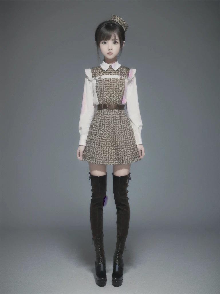 1girl、Standing in front of the viewer、Masterpiece、Official Art、high waist、Brown and dark brown houndstooth A-line dress、Dark piping、Super detailed、super beautiful、white straight short hair、Knee-high boots、