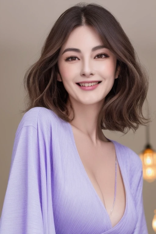 (highest quality, High resolution)))), Very detailed8K,A middle-aged Japanese woman with a glamorous body, around 50 years old, (Ultra HD, Very detailed, Very detailed, Very realistic, Ultra-Realistic Skin, Realistic photos), (1 girl:1.5), Strong wavy long hair with highlights, Bobcut, (Dynamic pose), An excited look、To the camera, A light smile, Purple eyes, (Nadium Chest: 1.2), (Beautiful and elaborate face, Fine and beautiful eyes), (A slightly large t-shirt with a loose fit, Transparent material), Cleavage, , dripping sweat, ),Black Stockings、Slightly loose skin、Heavy makeup、Inside the house、Brown eyes、Gloss lips