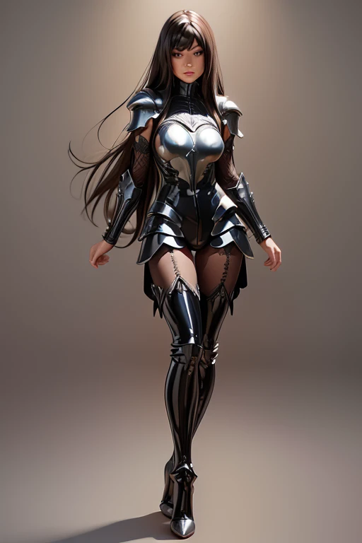 Best quality, 8K,woman, beautiful and detailed face, straight long hair,big eyelashes,big angel´s wings,(((metalic armour over bodystocking))), SHINY GLOSSY PANTYHOSE,armlets,black belt,high heels over the knee boots,white neutral scenario