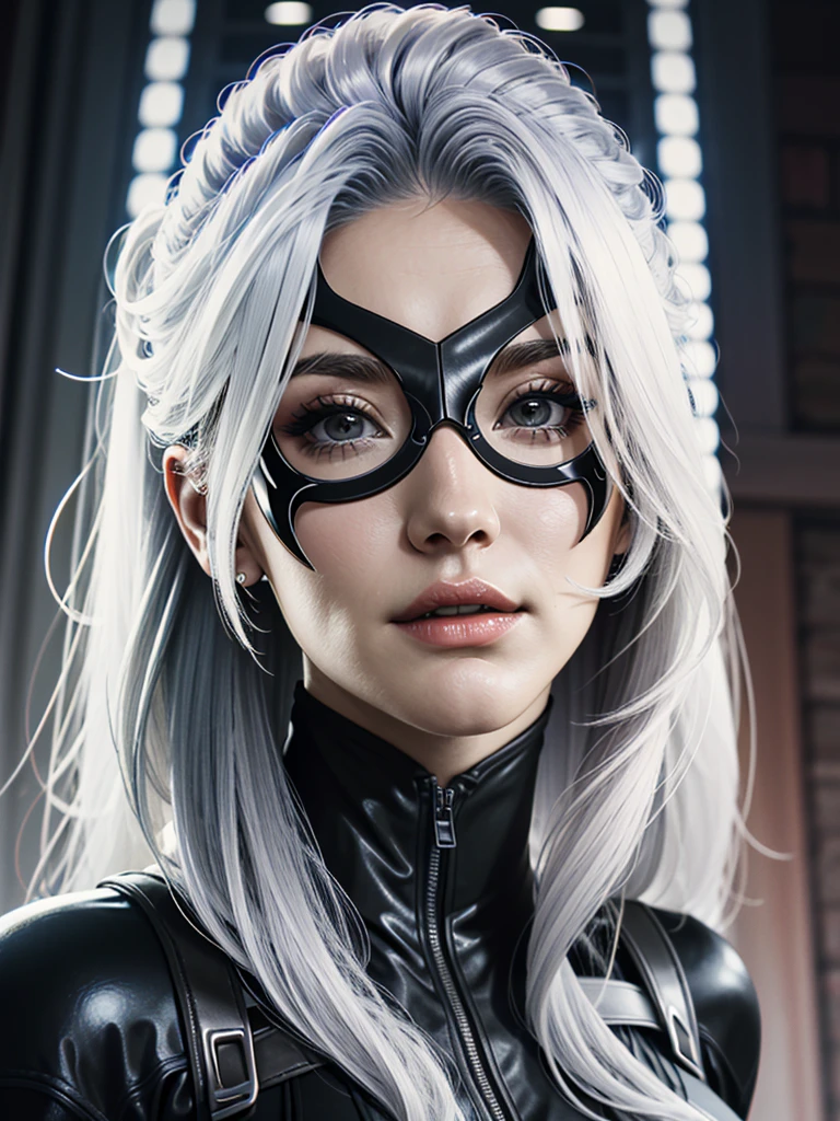 ((ultra detailed, masterpiece, absurdres))
 SpiderBlackCat, Minka Kelly, white hair, long hair, mask, portrait