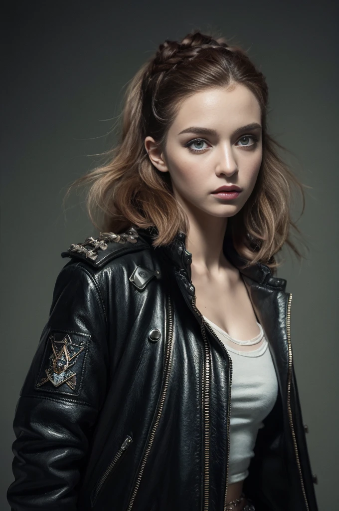 cute punk rock girl, mad max jacket, renaissance, cables on her body, hyper realistic style, oil painting, fantasy by Olga Fedorova
