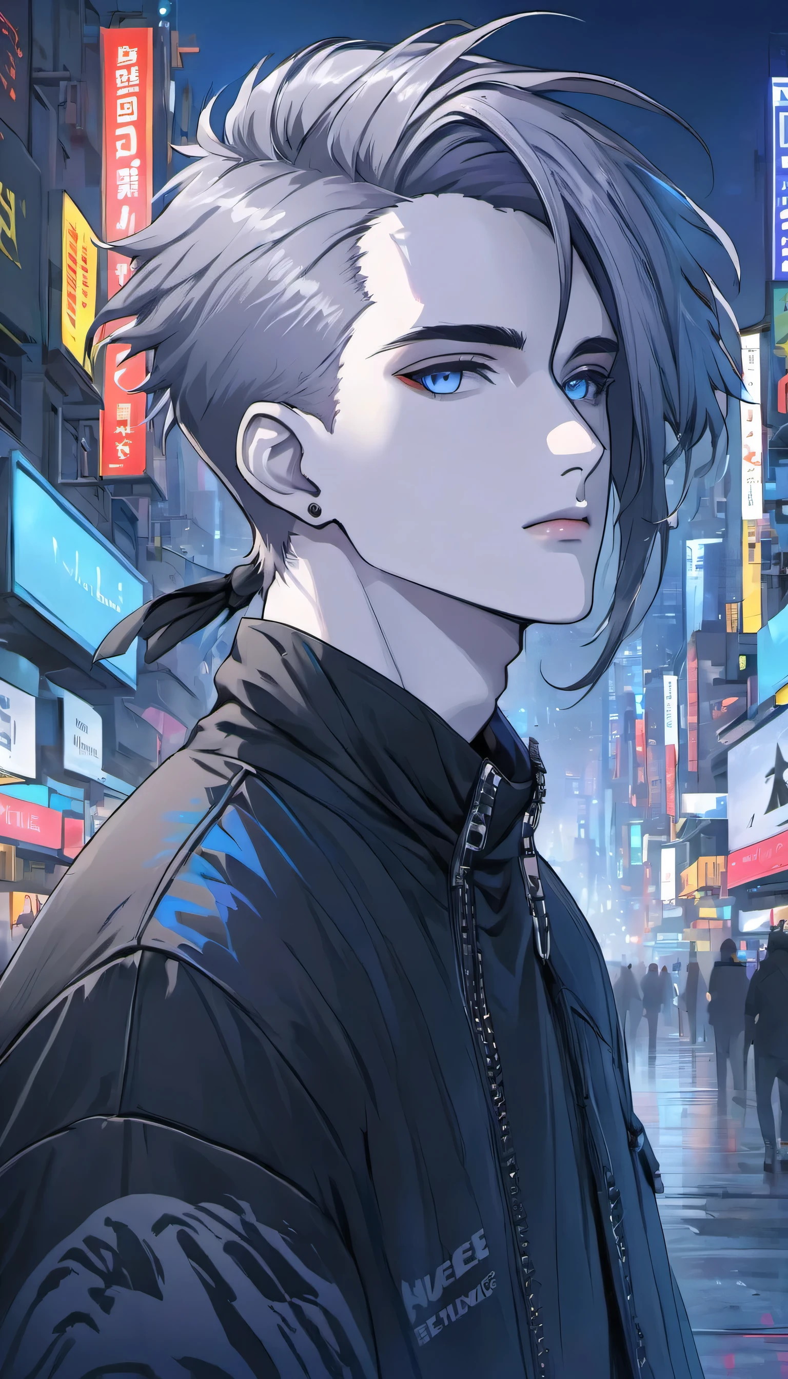 ((Highest quality)), ((masterpiece)), (detailed), Perfect Face, Highest(alone focus), (Perfect Face:1.1), (Attention to detail:1.1),dramatic, 1 person, (Pale skin),male， Purple to grey gradient, blue eyes, [Thin eyebrows], alone, Long hair tied up, [Shortcuts]Two Block, night, punk, Future City, detailed background, art：artgerm と greg rutkowski,, fashion, Balenciaga Style