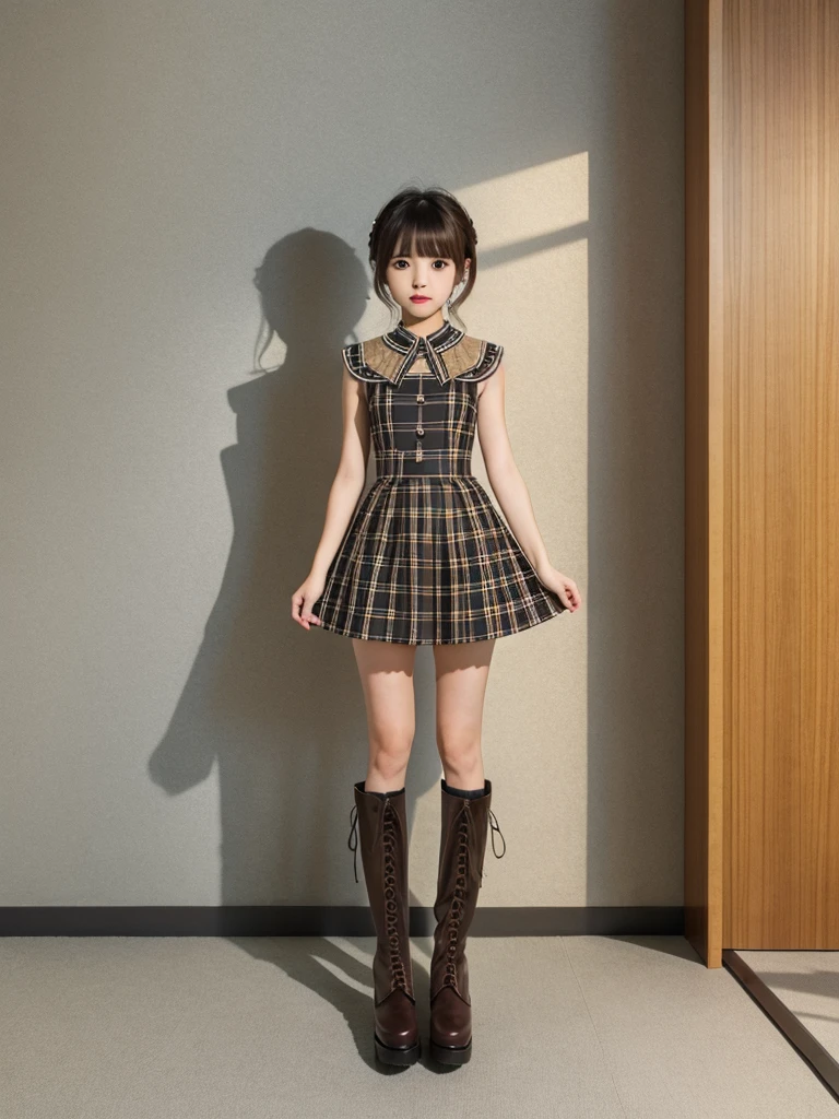 1girl、Standing in front of the viewer、Masterpiece、Official Art、high waist、Brown and dark brown houndstooth A-line dress、Dark piping、Super detailed、super beautiful、white straight short hair、Knee-high boots、