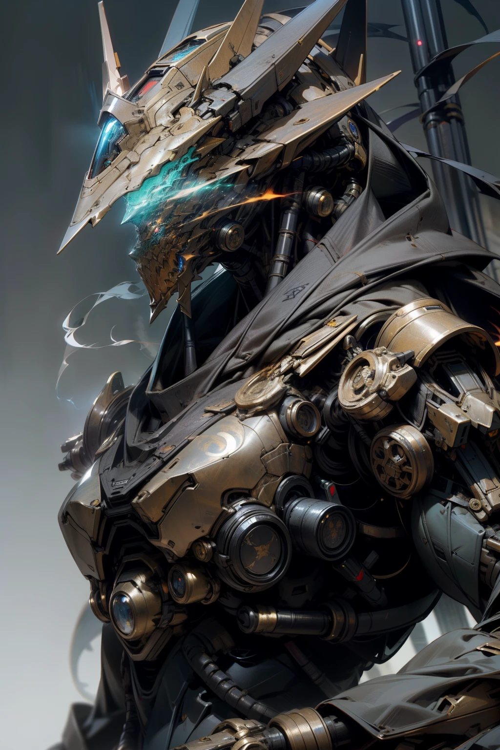 In the heart of a dark and gritty cyber punk gothic world, a magnificent cyber dragon emerges. Its body, a harmonious blend of technology and organic matter, shines with an ethereal radiance that cuts through the smog-filled air. The dragon's scales are polished metal plates that glint with every move, and its body structure radiates an intricate and extremely high-detailed robotic presence. Its head is adorned with a dragon helmet, the visor glowing with a pulsating blue light, while its eyes burn with an intensity that is as captivating as it is intimidating.
As a mechanical marvel, the cyber dragon's claws are massive giant