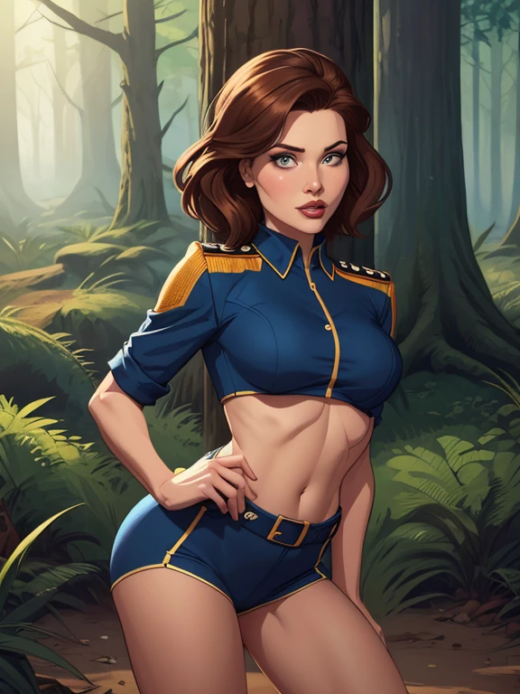 Personagem mulher Geena Davis PinUp dos anos 30 com marcas de guerras Imagem de desenho animado de uma mulher .Ilustra??o estilo desenho animado, estilo de arte dos desenhos animados, estilo de arte dos desenhos animados, digital illustration style, design de personagens altamente detalhado, arte digital detalhada coragem, Forest fan art, Design de personagens de retrato, beautiful digital illustration, retrato de alta qualidade, Arte em quadrinhos, mulher jovem cabelo com transas lindas . Beautiful lined eyes Medium large bust and wonderful sexy clothes. image expression of sexual desire from the waist to the uniform illustration Geena Davis Fallout 23