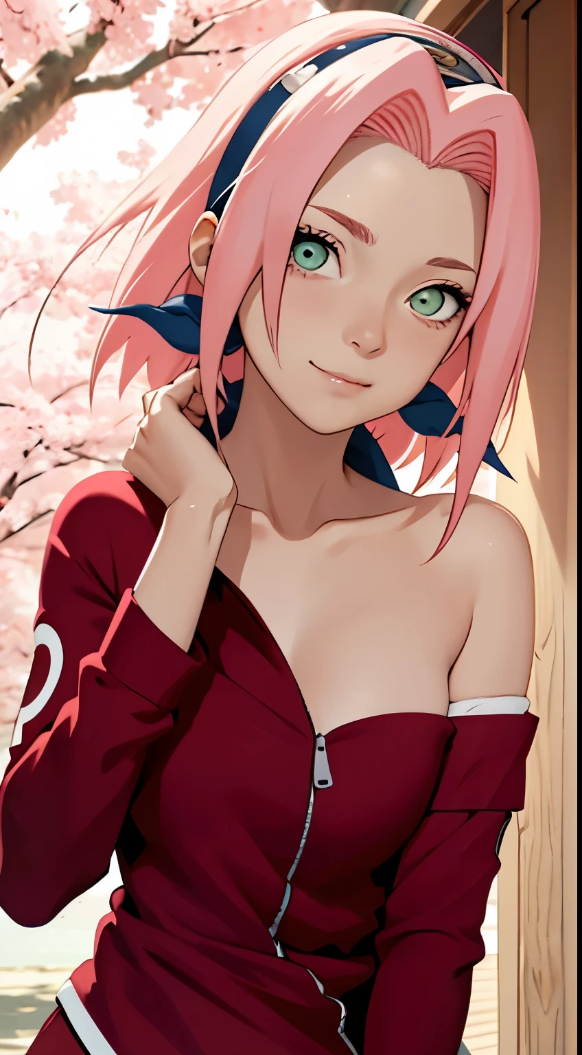 tmasterpiece， Best quality at best， 1girll， Sakura Haruno，nude,nsfw, Off-the-shoulder attire，（upperbody closeup)，is shy，ssmile，with pink hair， long whitr hair， （Green eyeballs:1.4)， Forehead protection， the cherry trees，Cherry blossoms flying，Red clothes，Zipper half