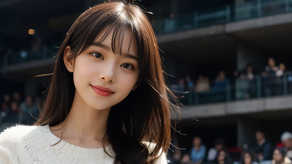 (Realistic: 1.4), (highest quality: 1.4), (Fine grain), Full body shot, ((Blur the background)), ((Watching the audience)), ((1 female college student)), Black wavy hair, ((Plain clothes with little exposure)), Wide eyes, Blushed face, ((smile)), ((Shinjuku)), Highly detailed face and skin texture, Healthy Skin, 8k resolution