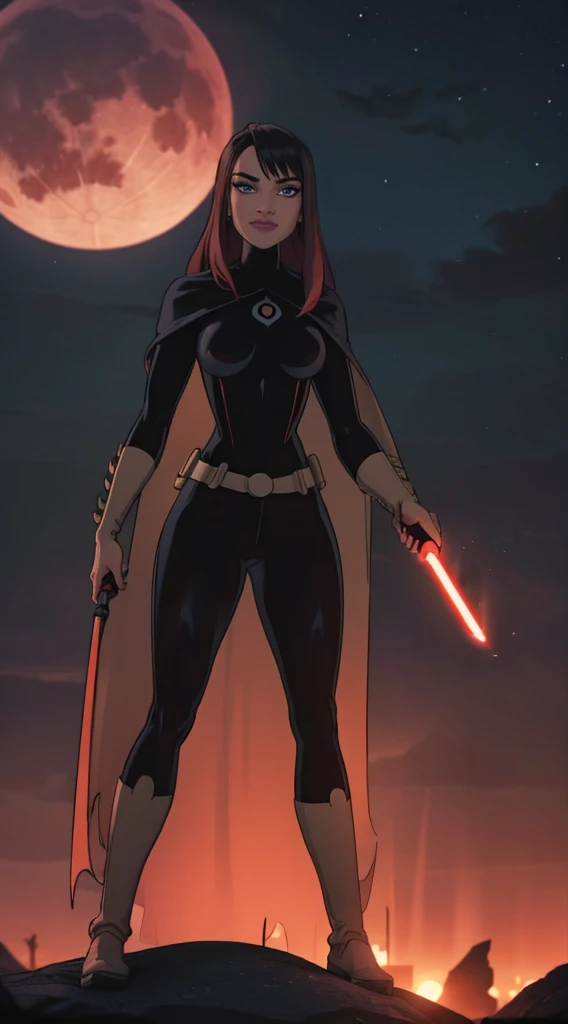 Beautiful female warrior stands with lightsaber in burnt field at night　Turn、Look at me with a sexy smile　　Bright red sky, Big Moon　Smooth black hair　full body Esbian　Looking at the camera،high detailed, high quality ultra 4k