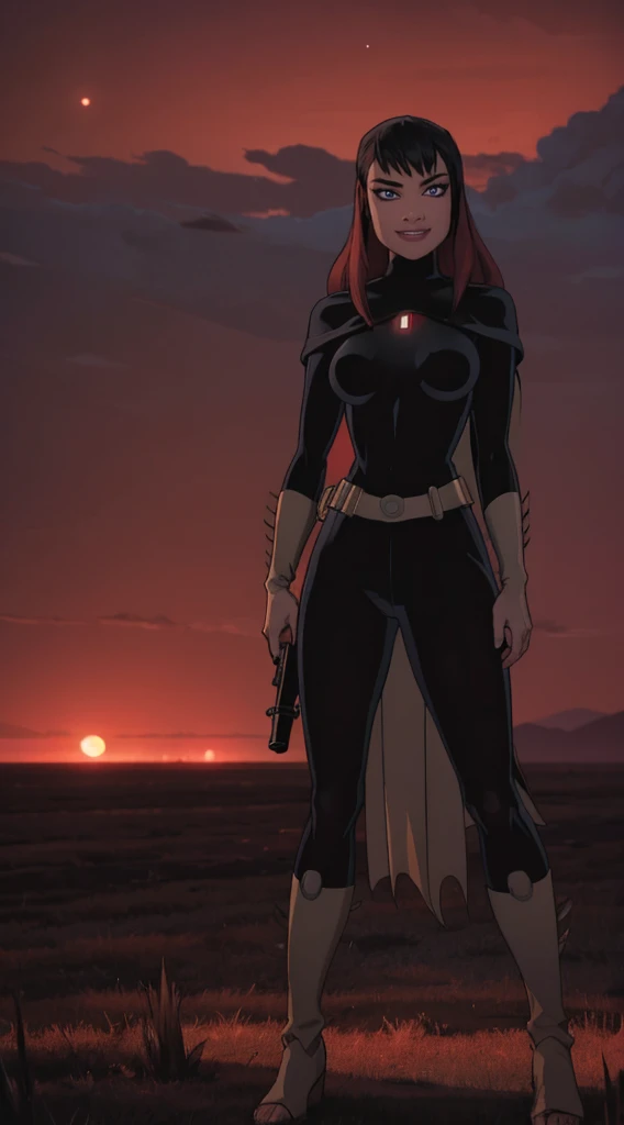 Beautiful female warrior stands with lightsaber in burnt field at night　Turn、Look at me with a sexy smile　　Bright red sky, Big Moon　Smooth black hair　full body Esbian　Looking at the camera،high detailed, high quality ultra 4k