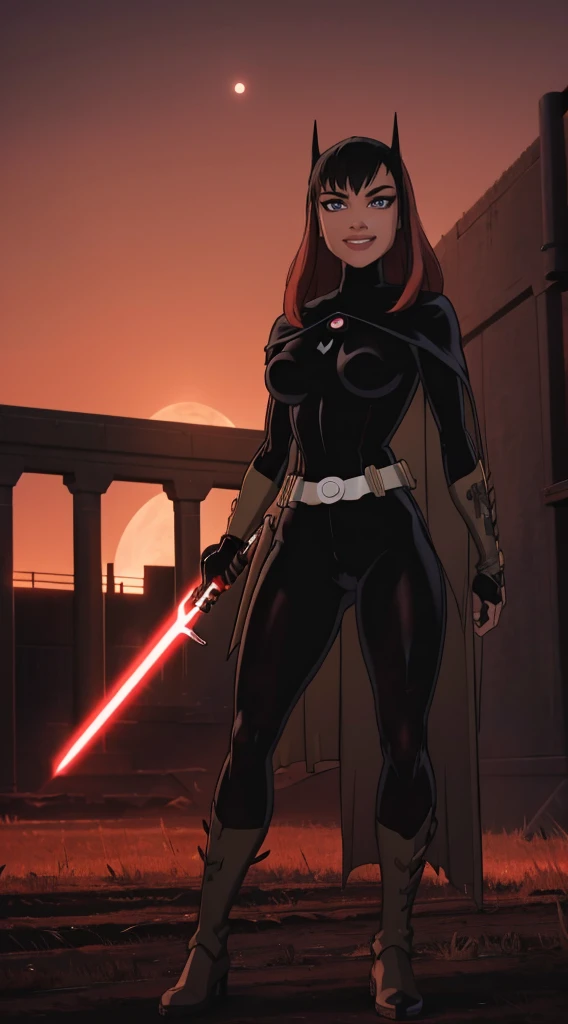 Beautiful female warrior stands with lightsaber in burnt field at night Turn、Look at me with a sexy smile Bright red sky, Big Moon Smooth black hair full body Esbian Looking at the camera،high detailed, high quality ultra 4k