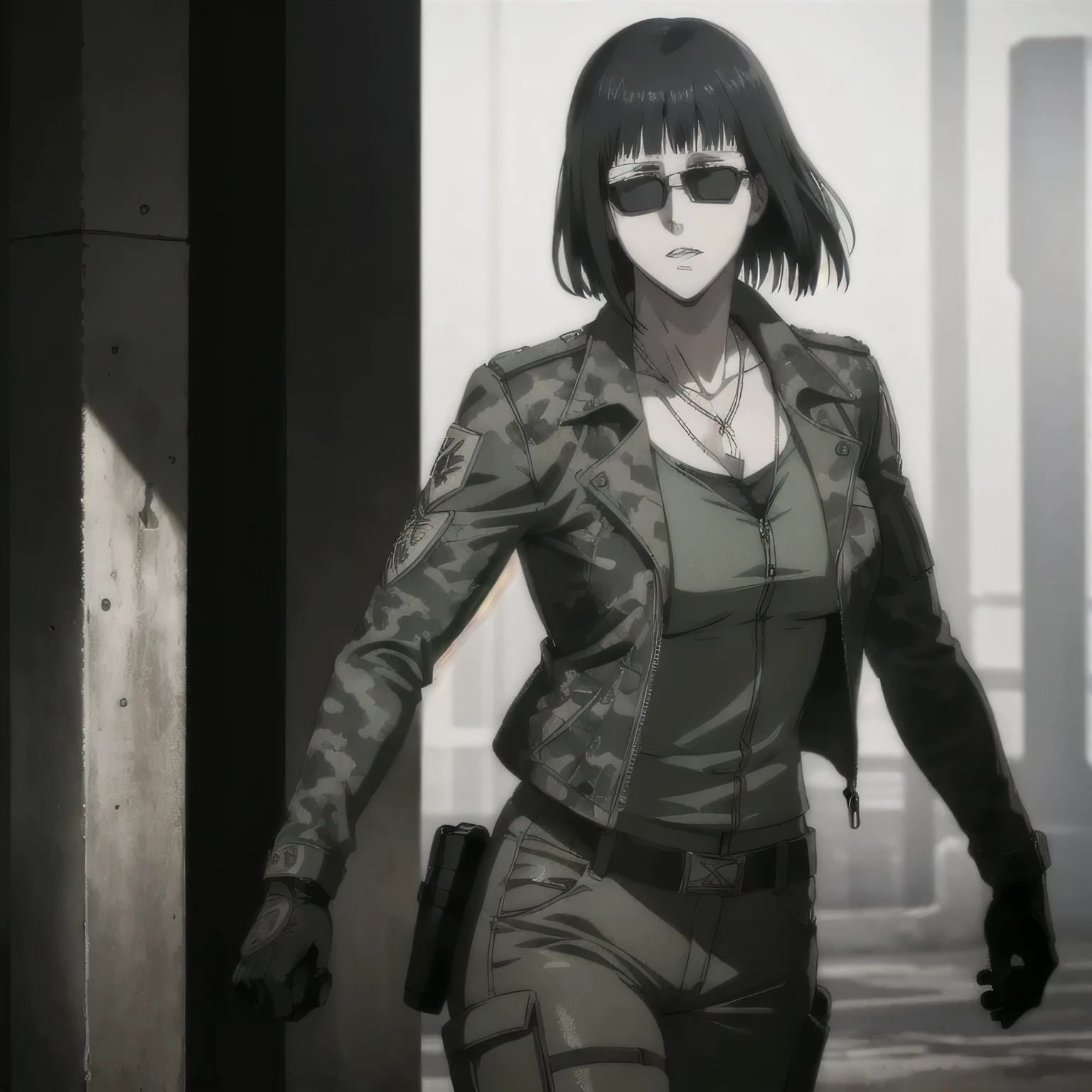 (best quality,ultra-detailed,realistic:1.37),musclaur badass girl wearing leather jacket Camouflage combat trousers, full review of the female character's face and body, intense expression, strong and confident posture, studio lighting, vivid colors, physiologically-based rendering, grungy texture, rugged background, dust particles in the air, commanding presence, professional, powerful, gritty aesthetics,,Valmet،short hair,necklace,sunglasses,