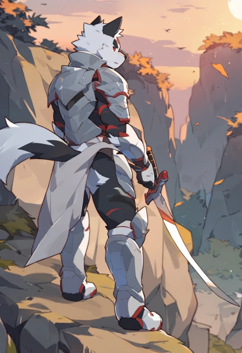 sword in one hand,a view of back,head turn,zixiong,cliff,the setting sun,solo,male_focus,wolf,white body,standing,detailed eyes,red eyes,detailed fur,the forest under the cliff,silver full body armor,half black ears,the body with black stripes