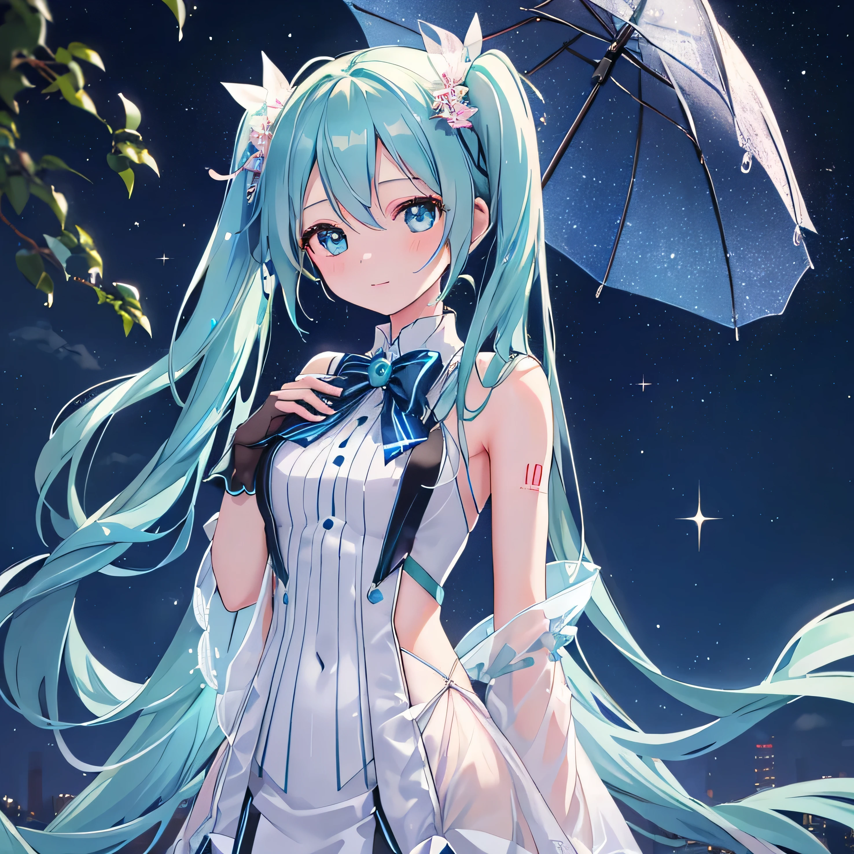 Amidst the gently falling raindrops, Hatsune Miku stands transfixed, gazing up at the night sky with a sense of wonder and reverence. Her clearly defined, almond-shaped eyes, adorned with intricate eyelashes, sparkle with a captivating, intense shine, as if reflecting the endless cosmos above. Her vibrant, electric blue hair cascades down in luscious, soft waves, wet from the rain and shimmering with a hint of iridescence.
Donning her iconic, custom-designed costume, Hatsune Miku's form-fitting, two-piece outfit with ribbon accents is in