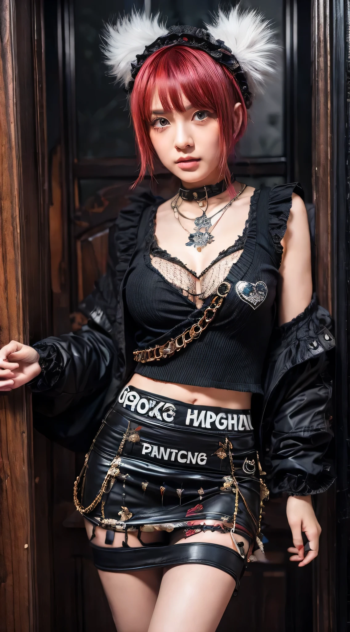 (Ultra-detailed eyes), (((textile shading))), (((Best Quality))), (((masterpiece))), (((Ultra-detailed CG))), sassy girl, (((magical little girl))), (Petite), (tiny chest), red hair, ((wolfcut emo hair without bangs, gorgeous hair)), Spooky Season In Punk outfit, Spooky Season In Punk outfit, vibrant Spooky Season In Punk scene, Spooky Season In Punk, Spooky Season In Punk ambiance, Spooky Season In Punk at the front of haunted house:0.2 Spooky Season In Punk image of a women Spooky Season In Punk outfit, immersed in the vibrant atmosphere of a front haunted house. His attire reflects the fashion trends of the Spooky Season In Punk. The Spooky Season In Punk haunted house scene  alive with pulsating lights, a lively haunted house, The Spooky Season In Punk ambiance transports viewers back to the spooky and punk era, capturing the spirit of spooky and punk, and self-expression that defined the Spooky Season In Punk culture. heart panel baby tee, black pleated mini skirt, pastel color