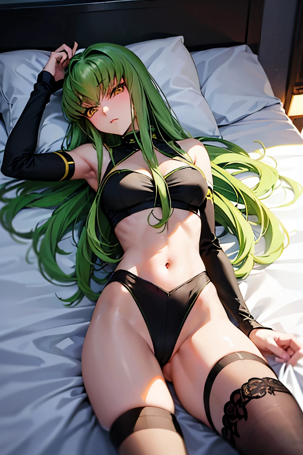 C.C、Code Geass、Green Hair、Long Hair、((Thigh-high socks))、Photo from below、Medium chest、((On the bed))、((Lying on your back))、((Black Knights Clothing))