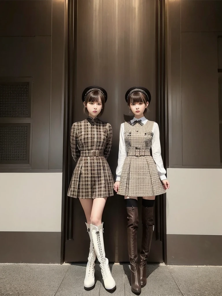 1girl、Standing in front of the viewer、Masterpiece、Official Art、high waist、Brown and dark brown houndstooth A-line dress、Sharp piping at transitions and edges、Super detailed、super beautiful、white straight short hair、Knee-high boots、