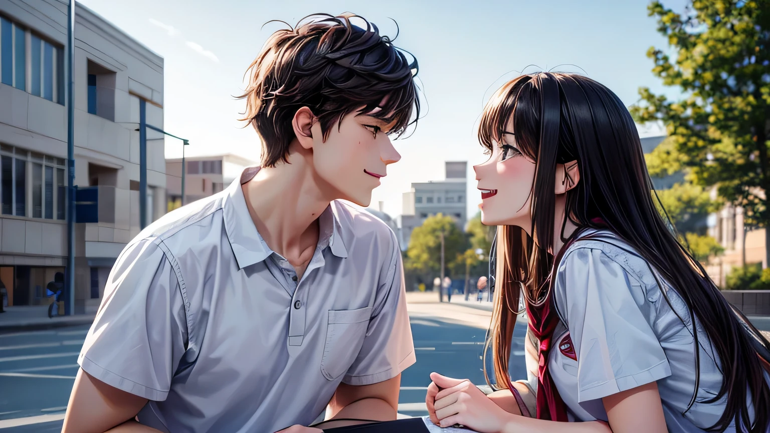 campus, High School Students, male and female, Two people, having fun, In conversation, Carefully drawn line drawings, Carefully draw the face.