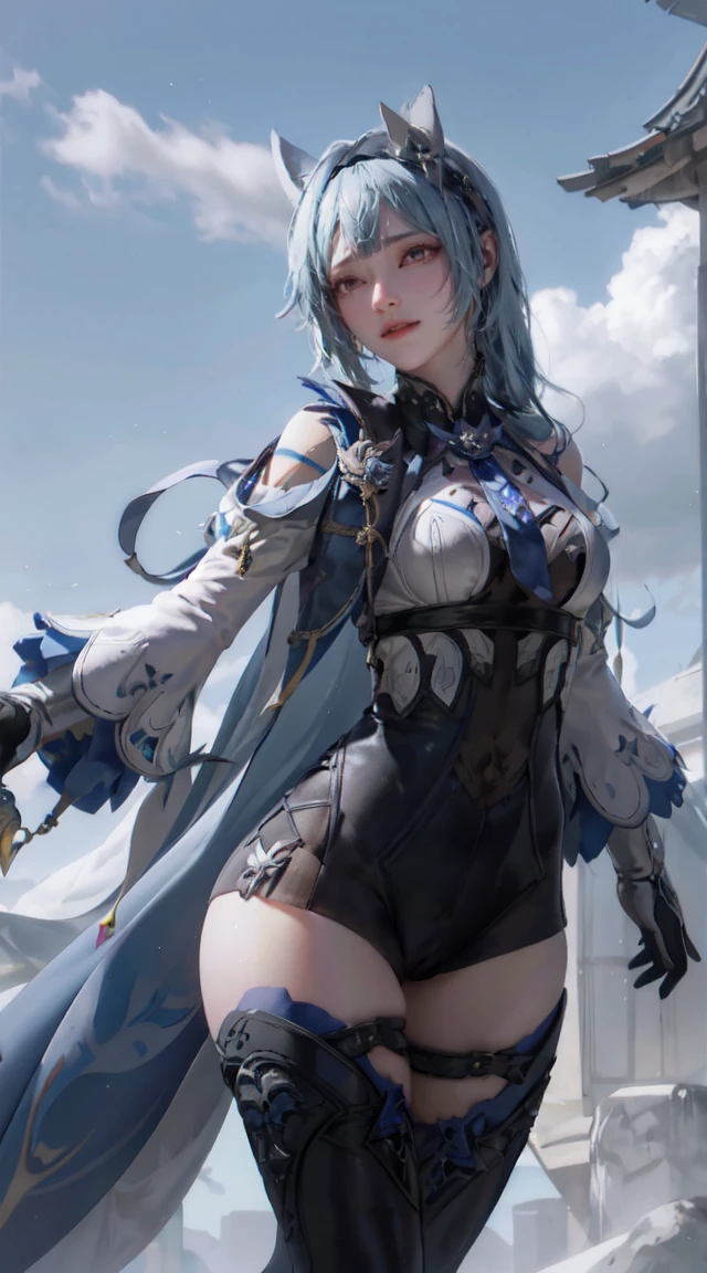 masterpiece, best quality,   1girl,eula \(genshin impact\),hairband,blue hair,multicolored eyes,necktie,cape,vision \(genshin impact\),leotard,long sleeves,gloves,sidelocks,  black thighhighs, grey background,