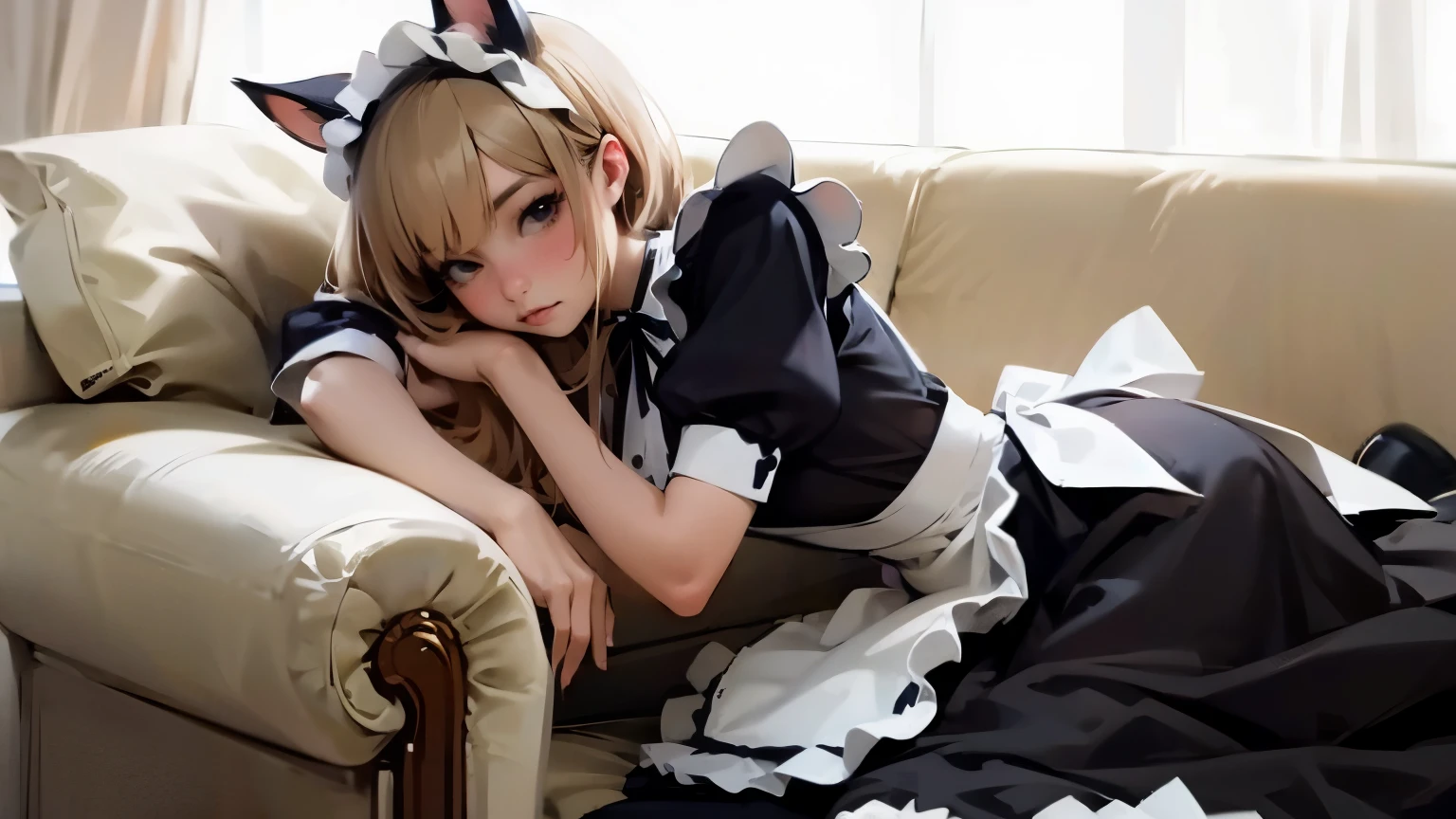 there is a woman in a Maid outfit laying on a couch, gorgeous Maid, Cosplay of a catboy! Maid! dress, anime girl in a Maid costume, Maid, Maid dress, Maid outfit, japanese Maid cafe, Maid costume, wearing Maid uniform, french Maid, Cosplay, anime cat girl in a Maid costume, Rorish, ayaka Cosplay, 