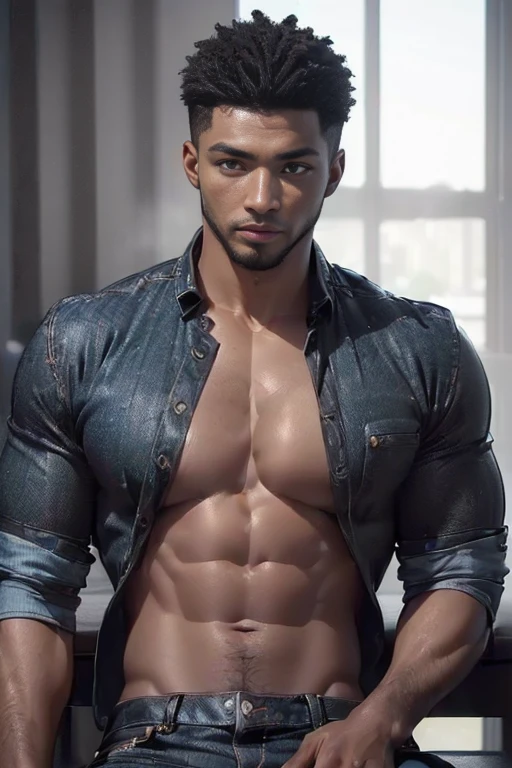 (best quality, 8k, highres, photorealistic:2.0), (solo),(one male:2.0),(black men:1.5),(shirtless black man),(short hair men),(black men hairstyle),(very muscular),(looks young),(very tight denim pants)