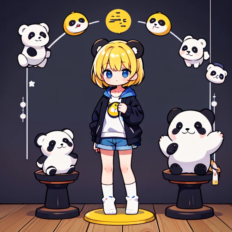 Small children、yellow hair、Holding a small stuffed panda、short hair、hoodie、Shorts、Wear long socks、Stand up and look here、alone